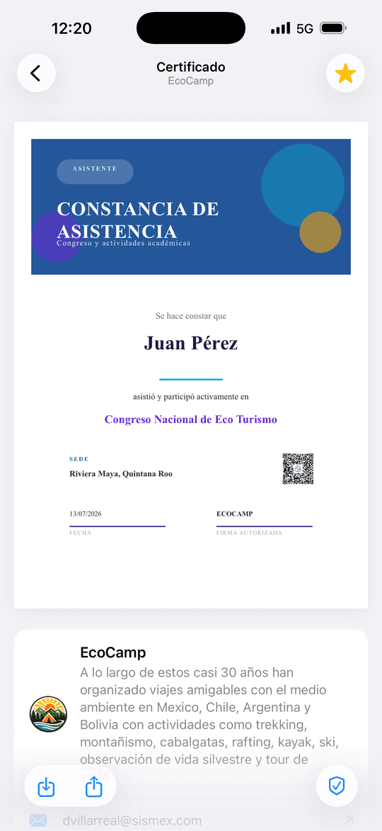 Detalle de un certificado en la app de SingularDocs, con el documento, el emisor y las opciones de descarga, compartir y verificación.